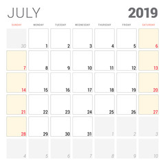 Calendar planner for July 2019. Week starts on Sunday. Printable vector stationery design template