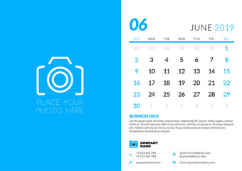 June 2019. Desk calendar design template with place for photo. Week starts on Sunday. Vector illustration