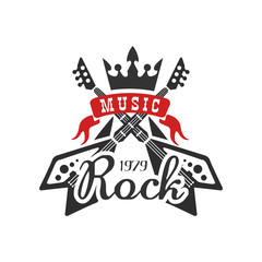 Rock music est. 1979 logo, design element with with electric guitars and crown can be used for poster, banner, flyer, print or stamp vector Illustration on a white background