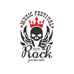 Rock premium music festival 1979 logo, design element with skull, crown and wings can be used for poster, banner, flyer, print or stamp vector Illustration on a white background
