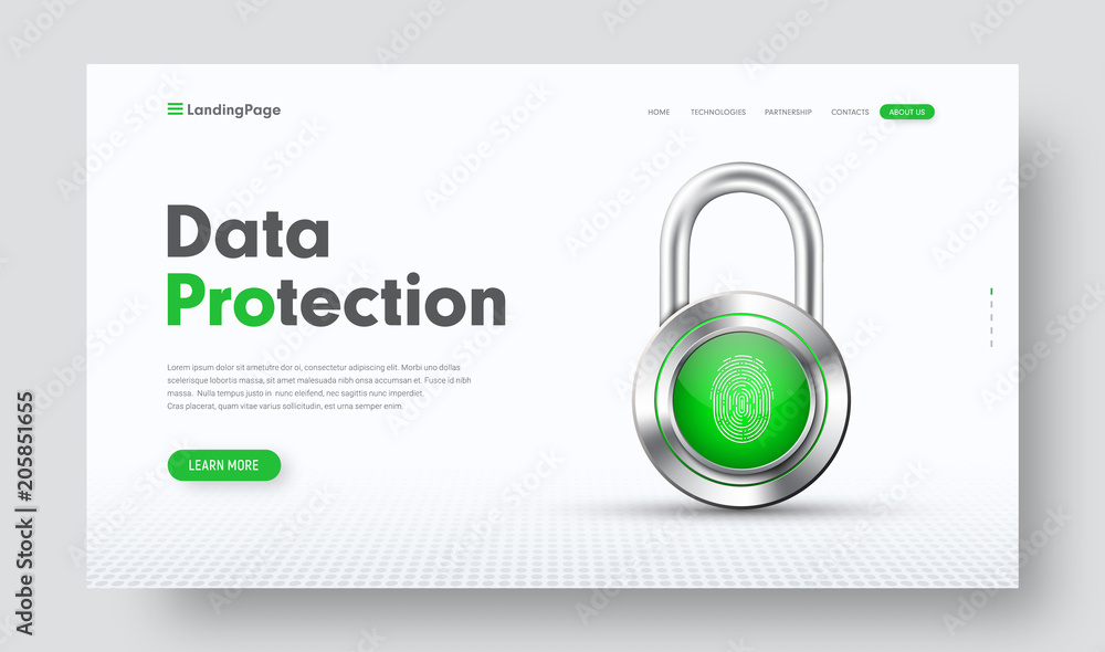 Poster design of vector site header for information protection with chrome lock and finger fingerprint