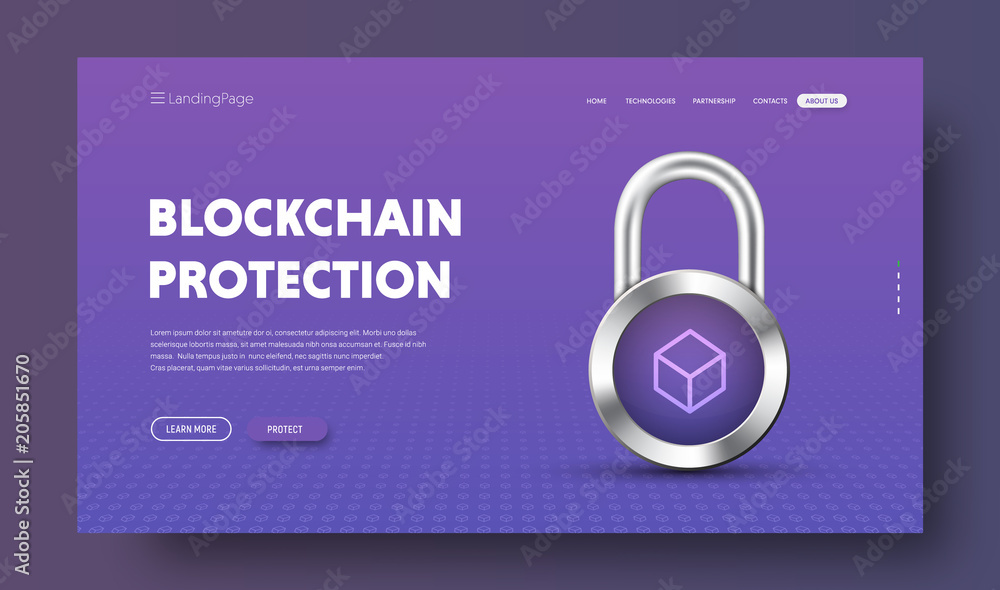 Poster template of the vector site header for blockchain technology with chrome lock