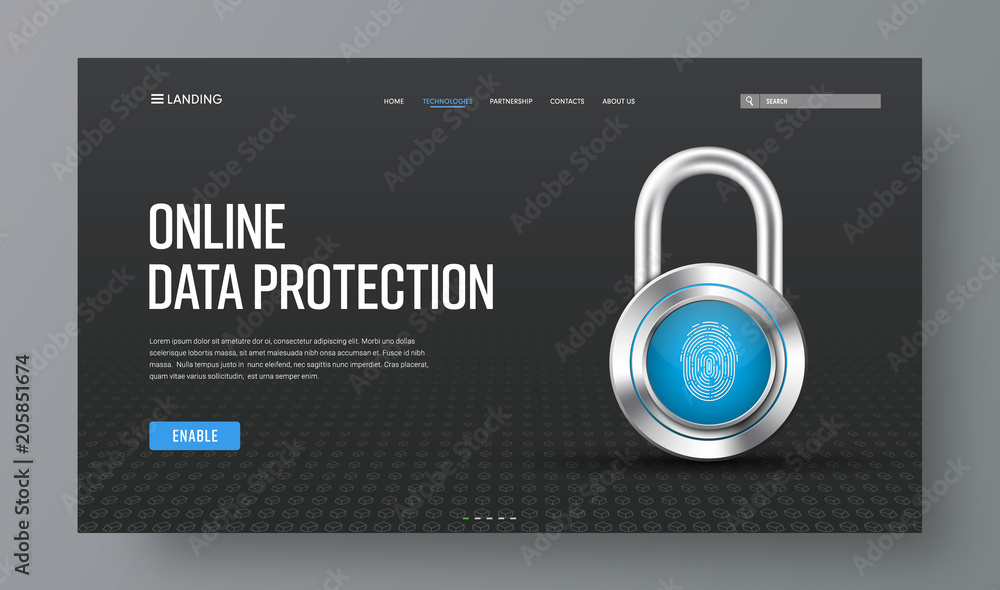 Poster template header for online protection of information with chrome lock and fingerprint
