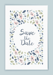 Save the date. Wedding invitation card design template with botanical desig elements. Stationery design. Vector illustration