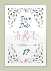 Save the date. Wedding invitation card design template with botanical desig elements. Stationery design. Vector illustration