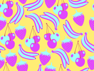 Fruit seamless pattern. Summer background with bananas, strawberries and cherries. Tropical design. Vector illustration