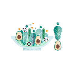 Obraz premium Glass bowl of delicious salads from fresh products. Tasty and healthy food. Vegetarian nutrition. Colorful flat vector icon with texture
