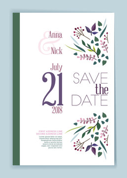 Save the date. Wedding invitation card design template with botanical desig elements. Stationery design. Vector illustration