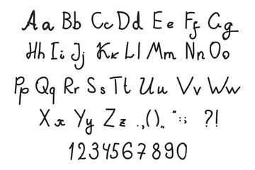 Hand drawn letters, alphabet, punctuation marks, numerals isolated on white background.