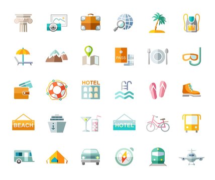 Travel, vacation, tourism, vacation, icons, flat, colored, vector. Different types of holidays and ways of travelling. Colored, flat pictures on a white background. Vector.  