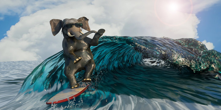 3D Illustration of a elephant is surfing the sea as a symbol of recreation and sport