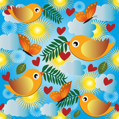 Fototapeta na wymiar Baby seamless pattern. Vector light blue sunny cartoon background. Colorful flying birds, butterflies, clouds, sun, leaves, flowers, branches, love hearts. Cute babyish design for fabric, interior
