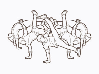 Group of people dancing, Street dance action, Dance together outline graphic vector