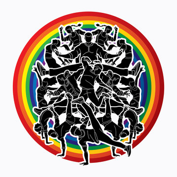 Group of people dancing, Street dance action, Dance together designed on line rainbows background graphic vector