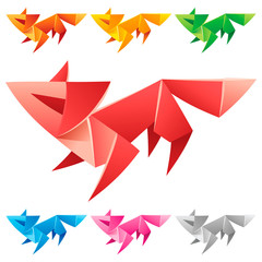 Vector origami cute Fox set. Paper geometric abstract symbol of animal. Collection of icons: red, orange, yellow, green, blue and pink isolated on white background