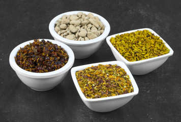 Indian Diwali Food Chewing Paan Masala And Sweet Sauf or Salted Goli on Dark Table
