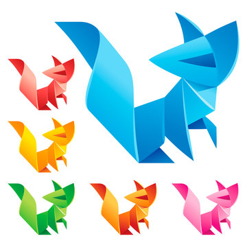 Vector origami cute Fox set. Paper geometric abstract symbol of animal. Collection of icons: red, orange, yellow, green, blue and pink isolated on white background