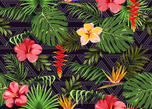 Seamless pattern with exotic flowers and tropical leaves