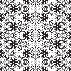 Black and white vintage vector seamless pattern. Ornamental abstract ethnic style monochrome background. Hand drawn floral ornaments with swirls, flowers, leaves, lines, curves. Isolated template.