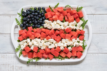 Patriotic American flag salad with blueberry, watermelon and feta