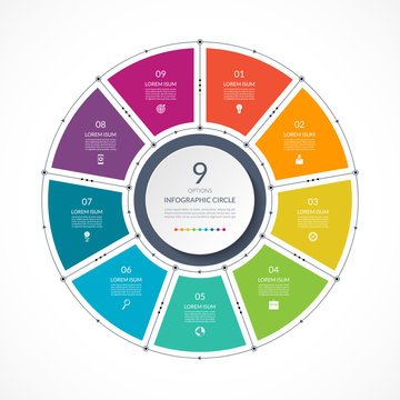 Infographic Circle In Thin Line Flat Style. Business Presentation Template With 9 Options, Parts, Steps. Vector Illustration