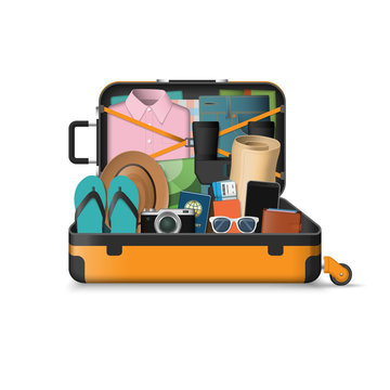 Open Suitcase Packed For Travel. Summer Vacation Concept. Vector Illustration