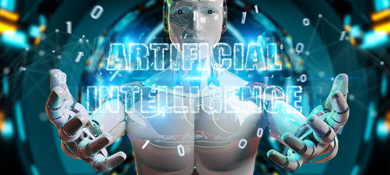 White cyborg using digital artificial intelligence text hologram 3D rendering