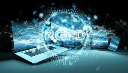 Digital GDPR interface over tech devices 3D rendering