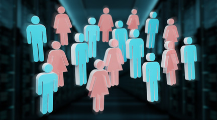 3D rendering group of people with blue man and pink woman