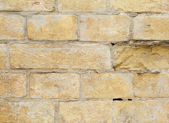 Cracked yellow wall background. Closeup shot