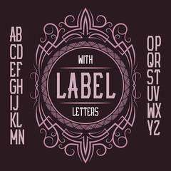 Vintage label template in patterned frame. Isolated logo design elements and alphabet.