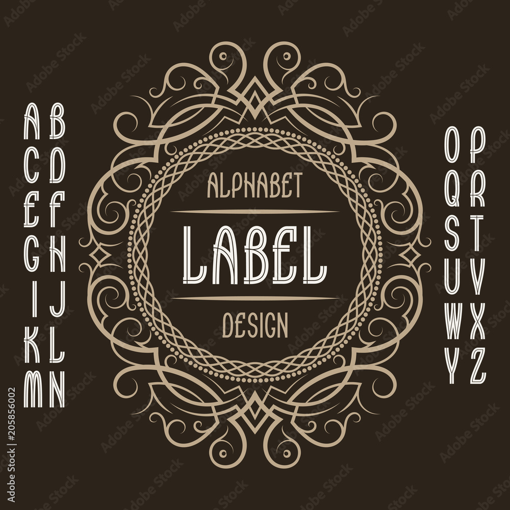 Poster vintage label template in patterned frame. isolated logo design elements and alphabet.