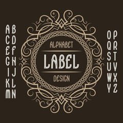 Vintage label template in patterned frame. Isolated logo design elements and alphabet.