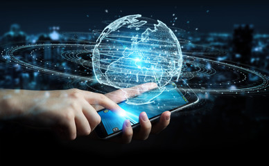 Businessman using globe network hologram with Europe map 3D rendering