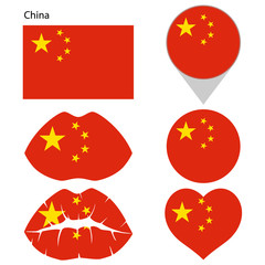 Flag of China, set. Correct proportions, lips, imprint of kiss, map pointer, heart, icon. Abstract concept. Vector illustration on white background.