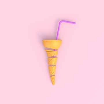 Ice cream cone sliced with pink drinking straws abstract minimal pink background, Food concept, 3d rendering