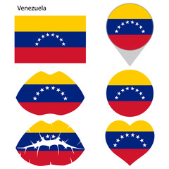 Flag of Venezuela, set. Correct proportions, lips, imprint of kiss, map pointer, heart, icon. Abstract concept. Vector illustration on white background.
