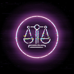 Business comparison glitched icon, digital investment scales vector art, glitch financial balance illustration