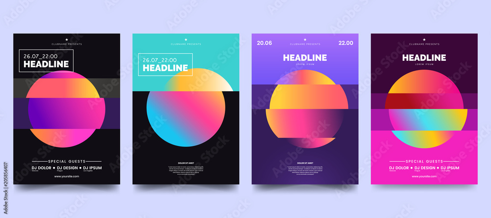 Poster vector colorful glitch poster set. circle shape with modern tv distortion effect. abstract geometric