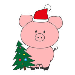 Fototapeta premium Pink pig in red hat near Christmas tree. Chinese New Year 2019 symbol. Vector illustration.