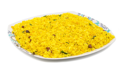 Indian Traditional Spicy And Sweet Mixture Namkeen Also Know as Chivda, Farsan, Namkin, Chiwada, Karanji, Nimco or Nimko Made of Gram Flour And Mixed With Dry Fruits. isolated on White Background