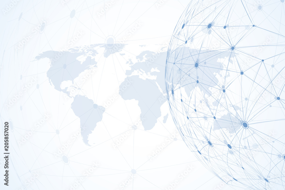 Poster Global network connections with world map. Internet connection background. Abstract connection structure. Polygonal space background. Vector illustration.