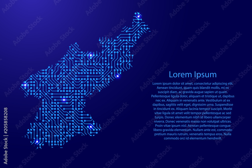 Fototapete map north korea from printed board, chip and radio component with blue star space on the contour for