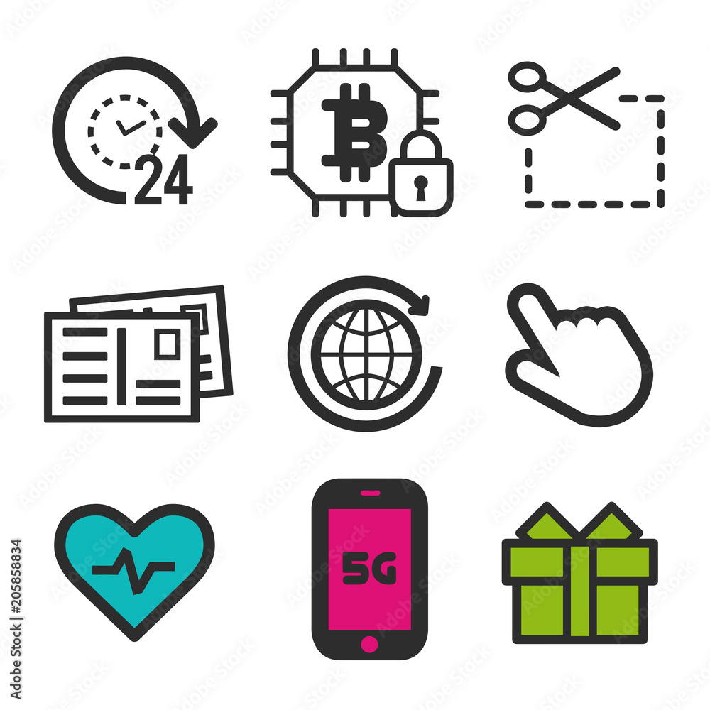 Poster cursor click icon. heart beat symbol. post card icon. smartphone 5g sign. 24h open and cryptocurrenc