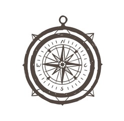 Vintage magnetic compass hand drawn with outlines on white background. Touristic instrument for navigation, orientation, destination finding, tourism and adventure travel. Vector illustration.