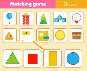 Educational children game. Matching game worksheet for kids. Match by shape