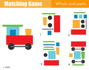 Matching game. Educational children activity with toy train. Learning whole and parts type