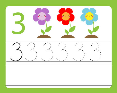handwriting practice learning numbers with cute characters number three educational printable worksheet for kids and toddlers with tracing lines stock vector adobe stock
