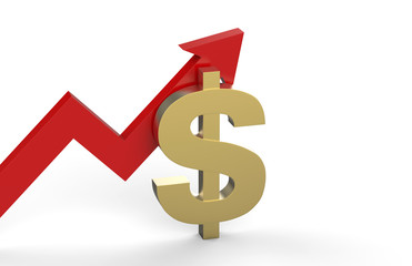 Increase in dollar value concept, golden dollar sign with a rising arrow, 3d illustration