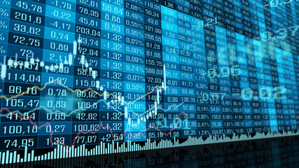 Table and bar graph of stock exchange market indices concept. Abstract currency rate chart blue background.
